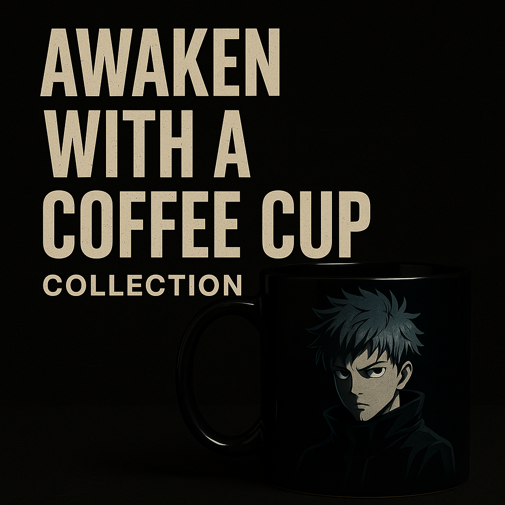 Black anime coffee mugs collection featuring a dark-themed anime character design