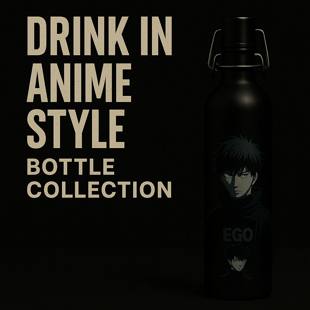 Limited edition anime drinkware bottle collection featuring black metal water bottle with anime character design