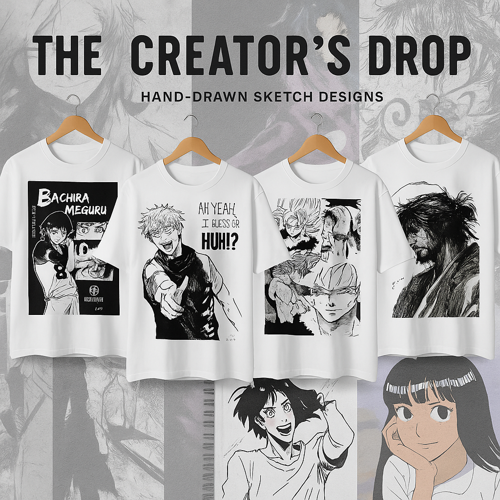 Creator drop collection featuring limited edition hand-drawn sketch design t-shirts with unique artistic prints