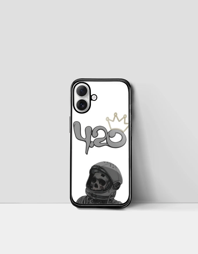 420 iPhone glass case with astronaut skull design and gold crown graphic on white background
