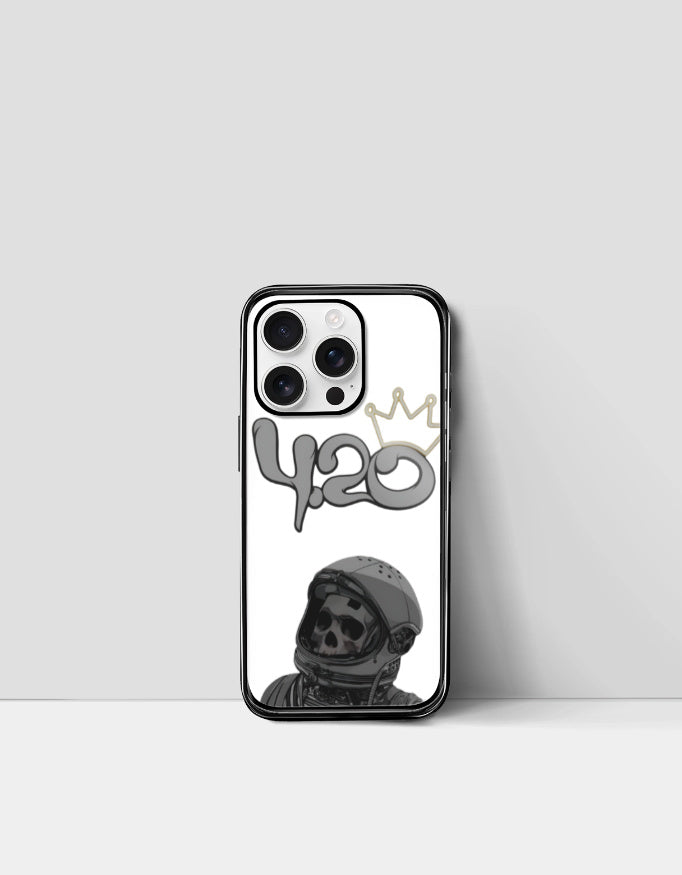 420 iPhone glass case with skull astronaut design and gold crown on white background