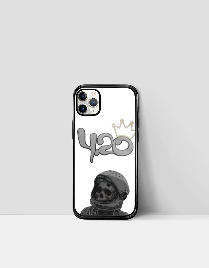 420 iPhone glass case featuring a skull astronaut design with a crown on a white background