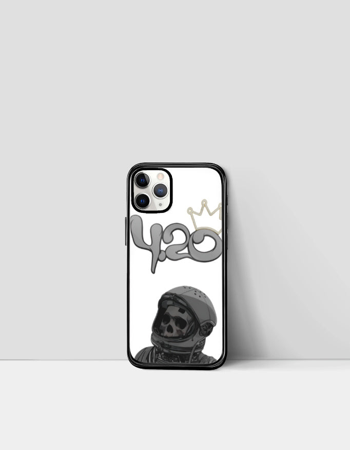 420 iPhone glass case with black and white astronaut skull design and gold crown detail