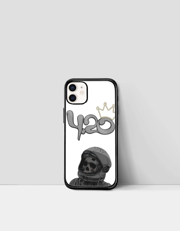 420 iPhone glass case with astronaut skull design and crown graphic by AnimeVerseStore
