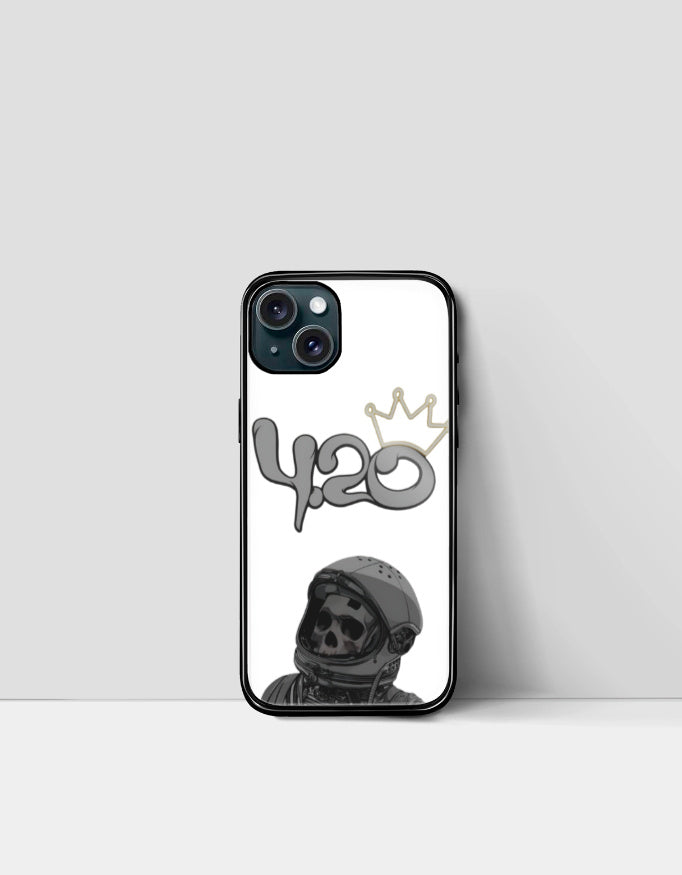 420 iPhone glass case with skull astronaut and crown design on white background