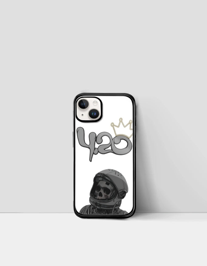 420 iPhone glass case with black astronaut skull design and gold crown detail