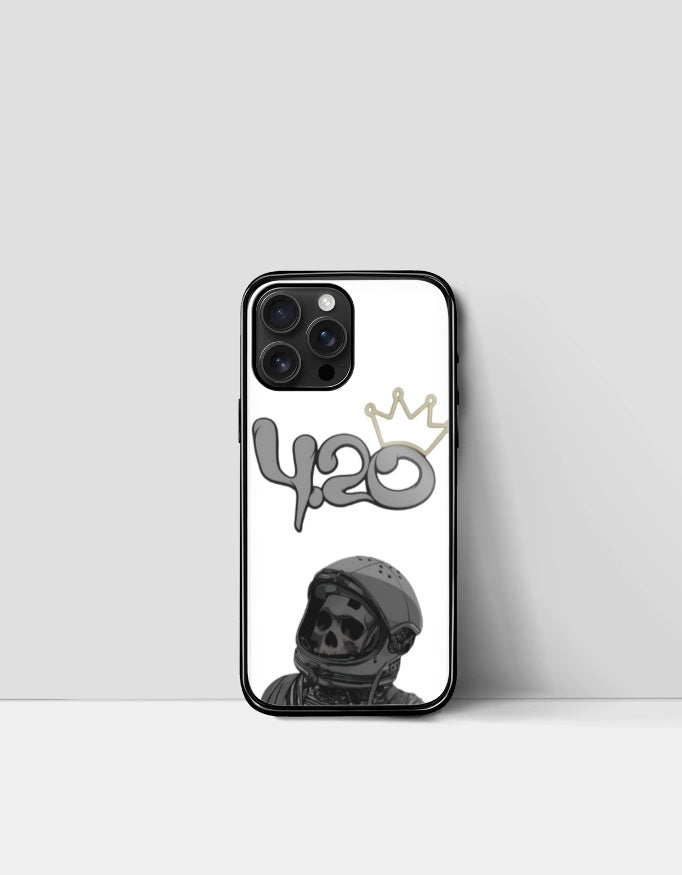 420 iPhone glass case featuring a skull astronaut design with a crown on white background