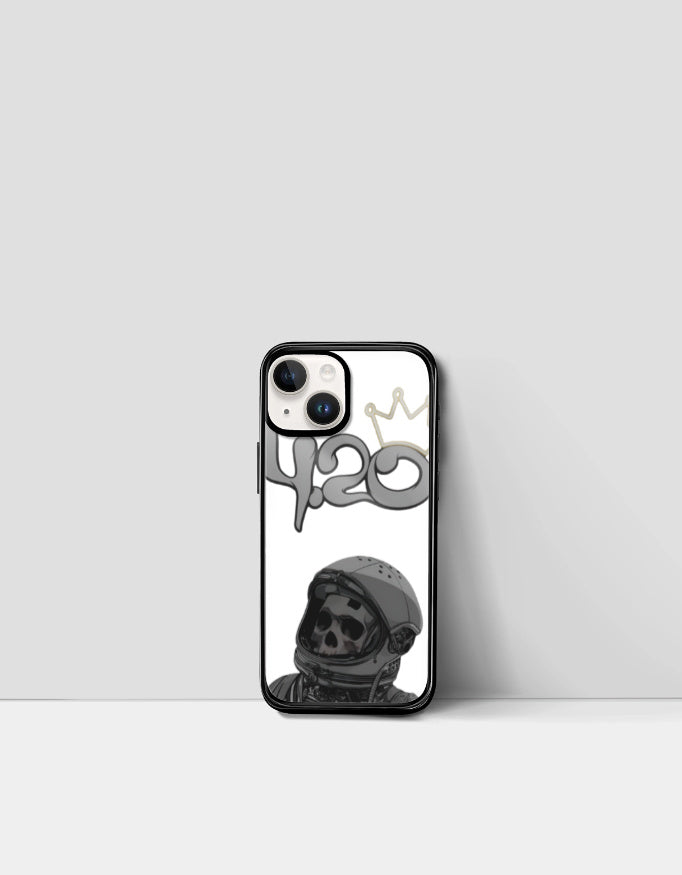 420 iPhone glass case with skull astronaut and crown design for stylish phone protection