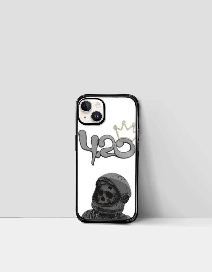 420 iPhone glass case featuring a skull astronaut design and a crown graphic