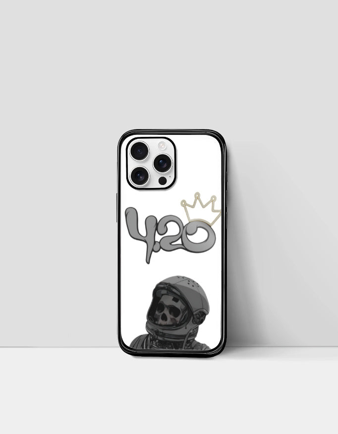 420 iPhone glass case with astronaut skull design and crown detail in black frame