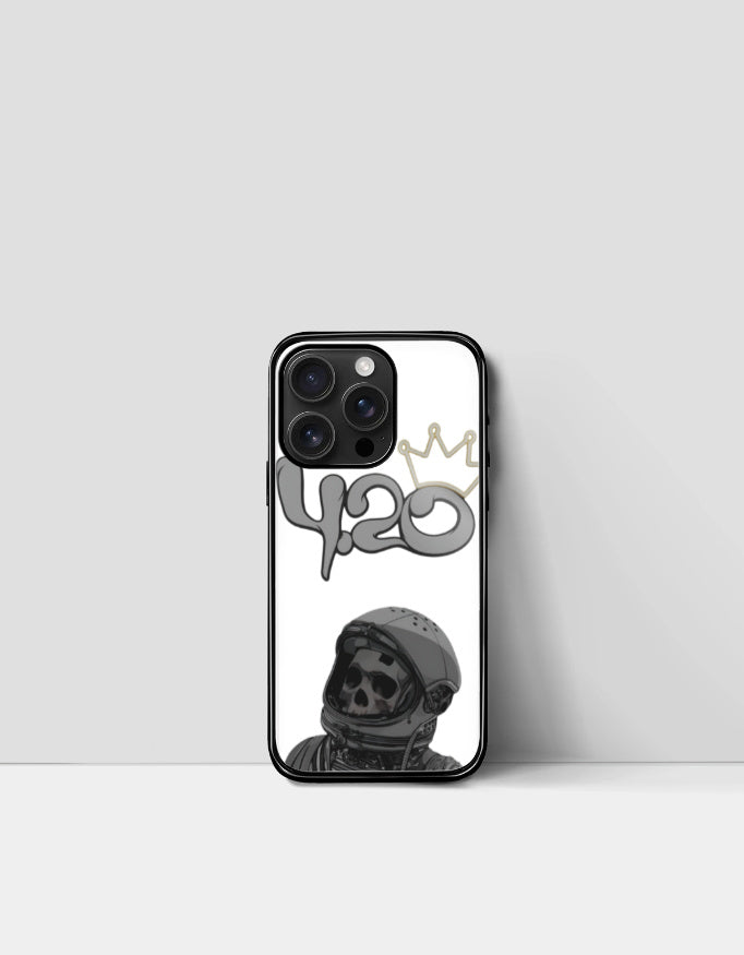420 iPhone glass case with skull astronaut design and crown graphic on white background