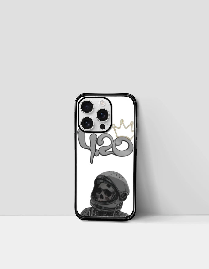 420 iPhone glass case featuring a skull astronaut design with a gold crown on white background