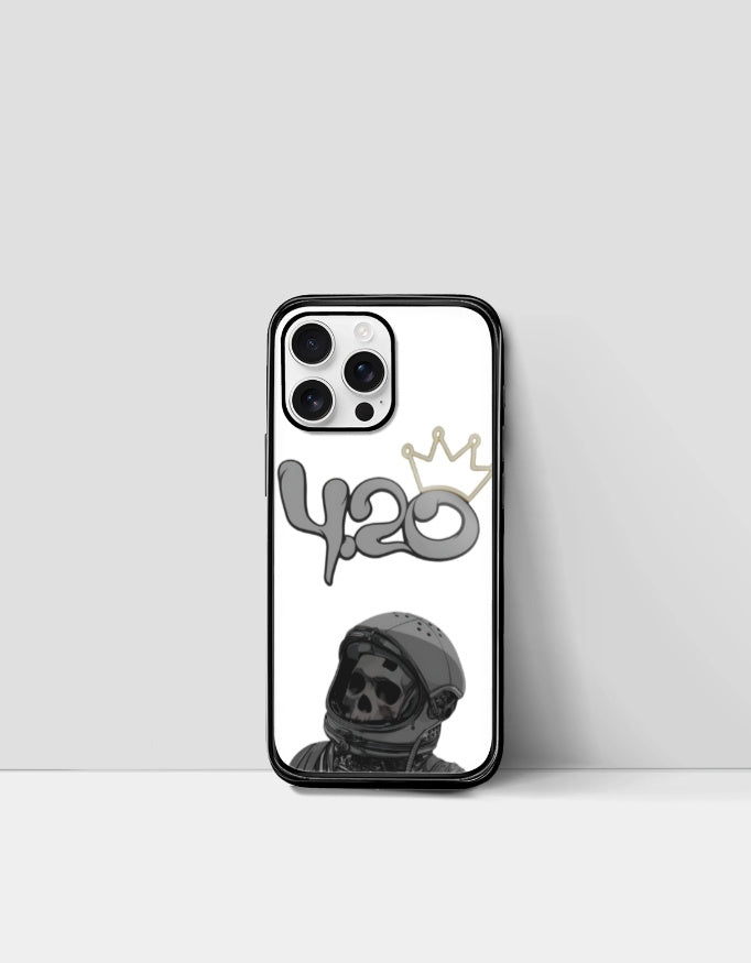 420 iPhone glass case with skull astronaut design and crown graphic in black and white