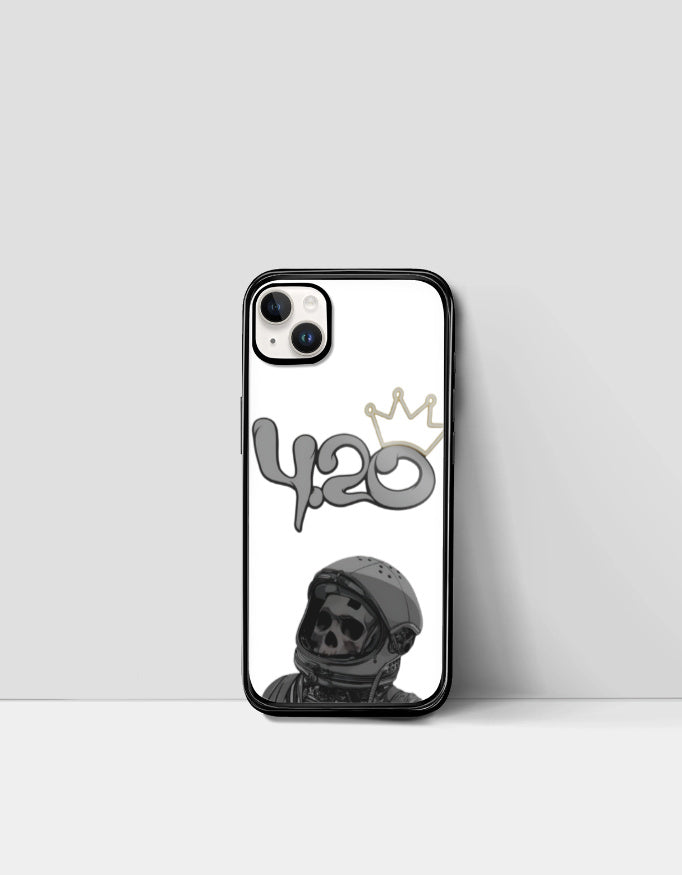 420 iPhone glass case with skull astronaut design and small crown on white background