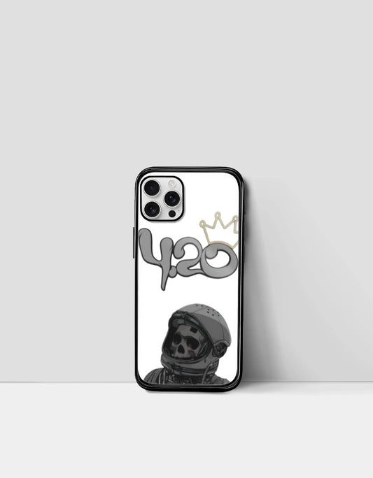 420 iPhone glass case featuring a skull astronaut design with a crown detail on white background
