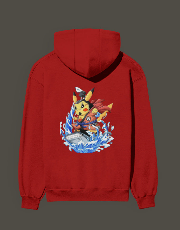 Red hoodie featuring Pikachu the first son of sea with vibrant splash design on the back