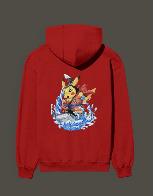 Red hoodie featuring Pikachu the first son of sea with vibrant splash design on the back