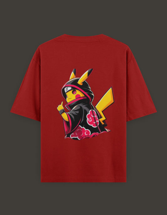 Pikachu Akatsuki t-shirt in red featuring a vibrant Pikachu in Akatsuki outfit design