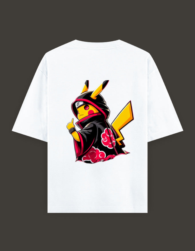 Pikachu Akatsuki t-shirt featuring Pikachu in a black cloak with red clouds design