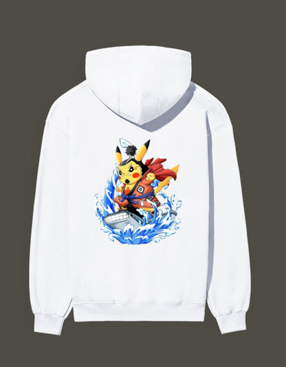 White hoodie featuring Pikachu the first son of sea design with waves and vibrant colors