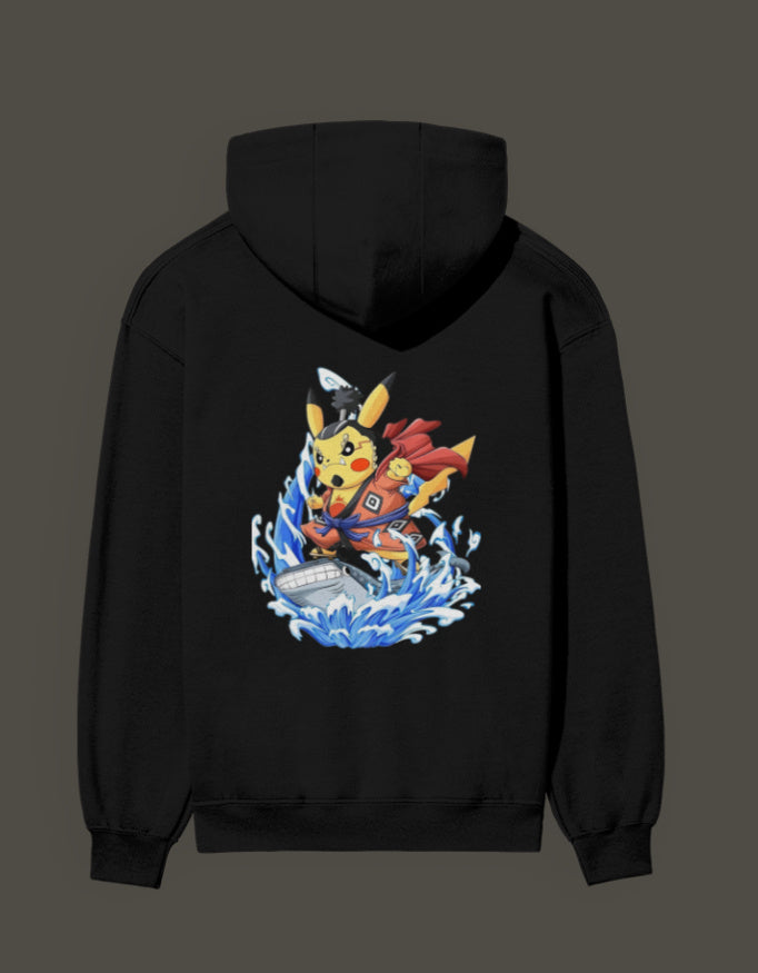 Black hoodie featuring Pikachu the first son of sea design, surfing on waves with a cape