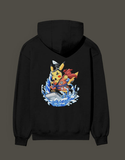 Black hoodie featuring Pikachu the first son of sea design, surfing on waves with a cape