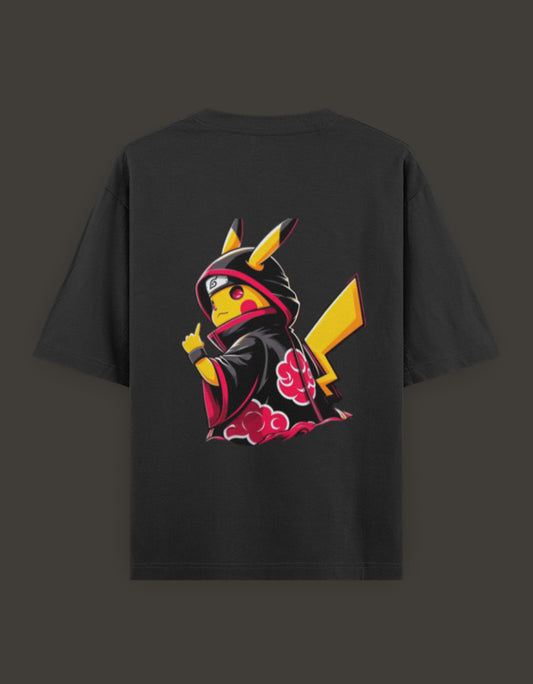 Pikachu Akatsuki t-shirt featuring a Pikachu in a ninja outfit on a black background