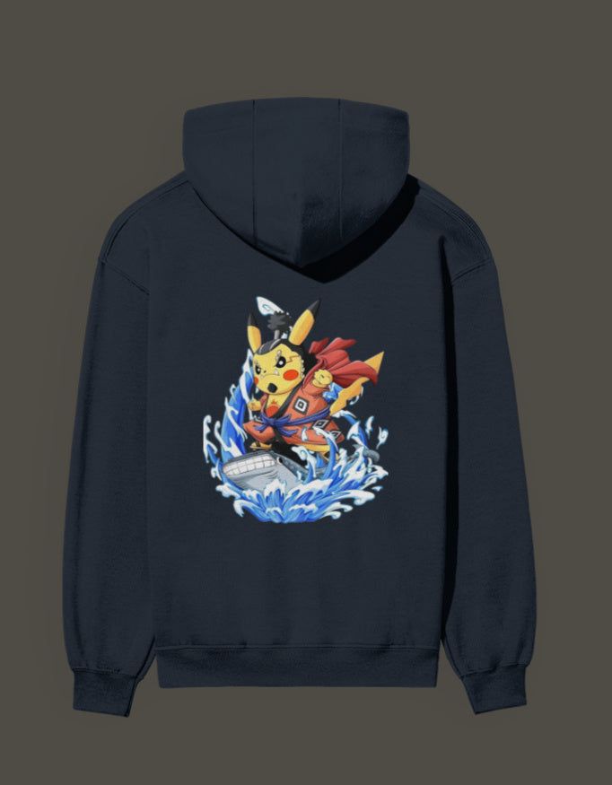 Pikachu the first son of sea hoodie featuring Pikachu surfing on a wave with a cape