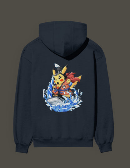 Pikachu the first son of sea hoodie featuring Pikachu surfing on a wave with a cape