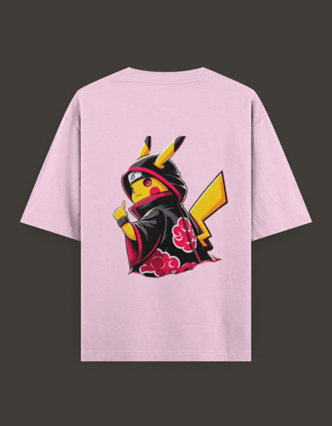 Pikachu Akatsuki t-shirt in pink featuring Pikachu in a ninja robe with a red cloud design