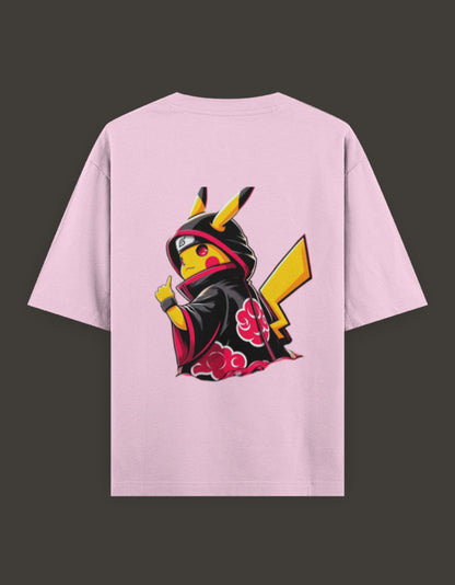 Pikachu Akatsuki t-shirt in pink featuring Pikachu in a ninja robe with a red cloud design