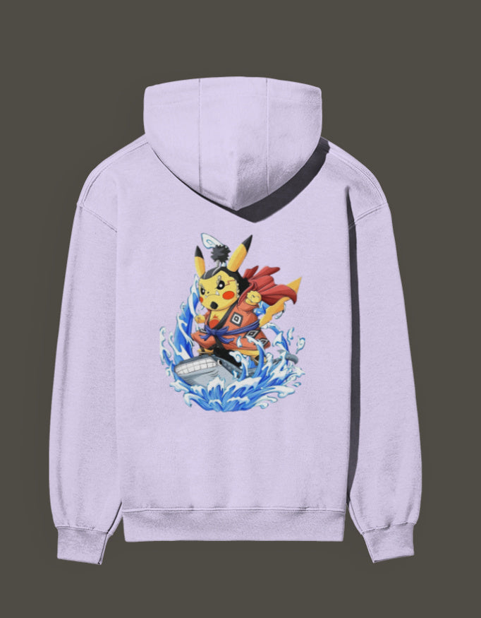 Lavender hoodie featuring Pikachu the first son of sea design with water splash artwork