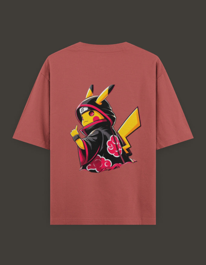 Pikachu Akatsuki t-shirt featuring Pikachu in an Akatsuki robe design on a dark background