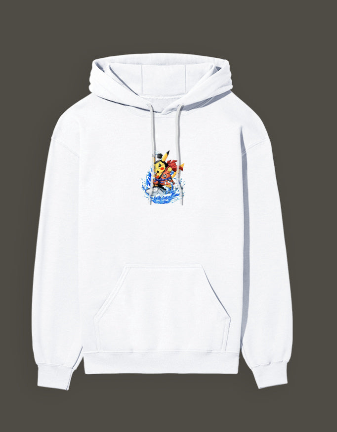 White hoodie featuring Pikachu the first son of sea design with vibrant colors