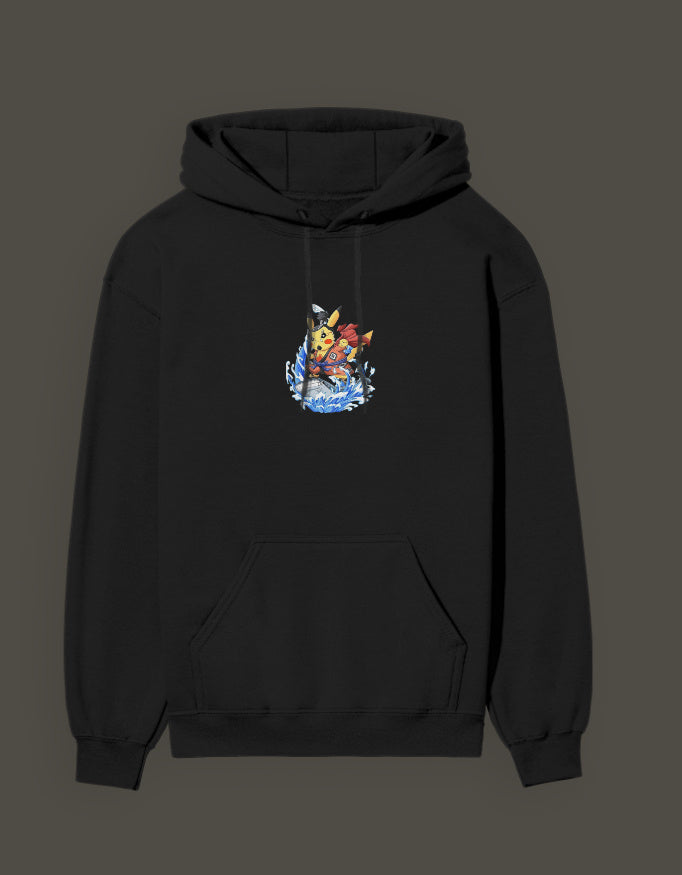 Black hoodie featuring Pikachu the first son of sea design on the front, perfect for anime fans