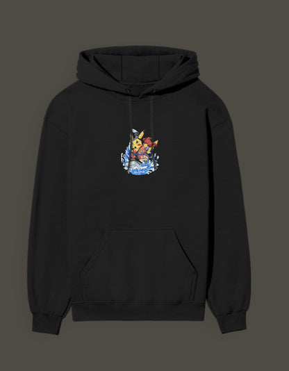 Black hoodie featuring Pikachu the first son of sea design on the front, perfect for anime fans