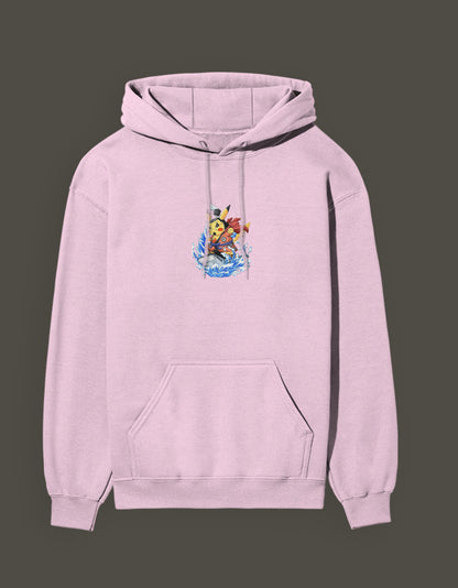 Pink hoodie featuring Pikachu the first son of sea artwork on the front for anime fans