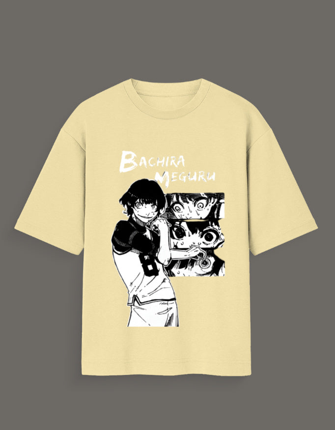 Beige aart x Bachira Meguru graphic shirt featuring black and white anime character design