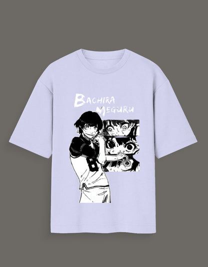 Light purple aart x Bachira Meguru graphic shirt featuring black and white anime character design