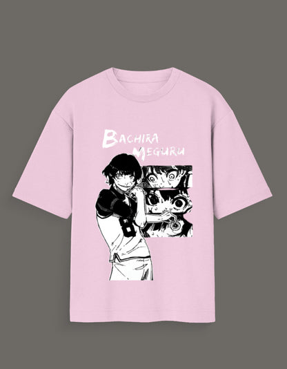 Light pink aart x Bachira Meguru graphic shirt featuring black and white anime character design