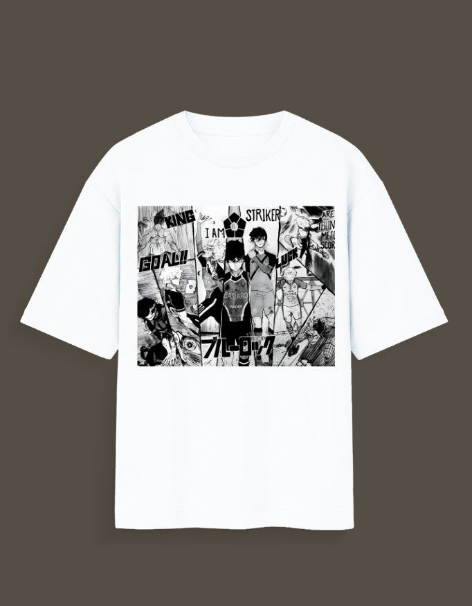 White aart x manga graphic tee with black and white anime characters and manga panels design
