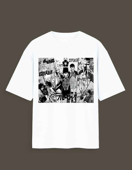White aart x manga graphic tee with black and white anime characters and manga panels design