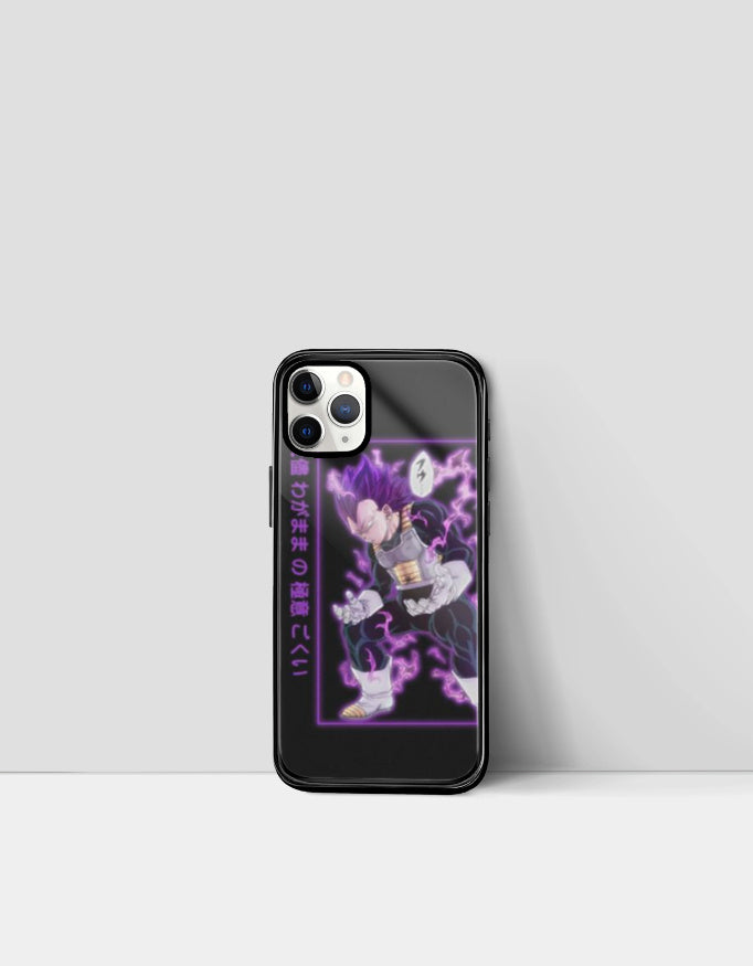 Black phone case featuring an aesthetic anime phone case design with purple glowing character and Japanese text