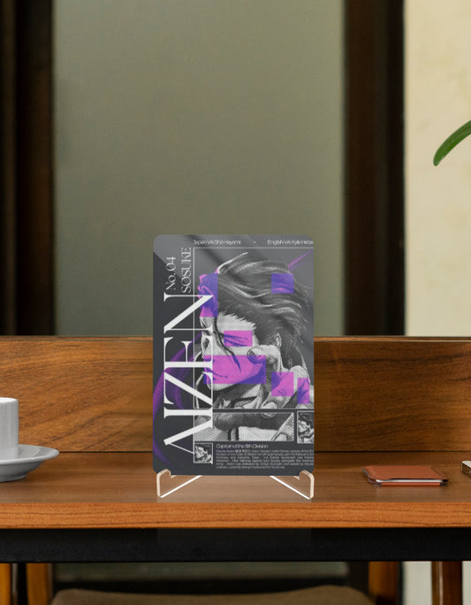 Aizen character relic display on a wooden table with a coffee cup and smartphone