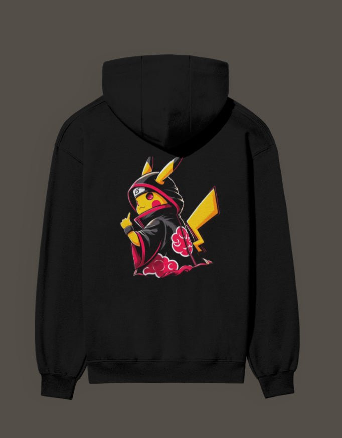 Black Akatsuki Pikachu hoodie featuring vibrant design on the back with Pikachu in a ninja outfit