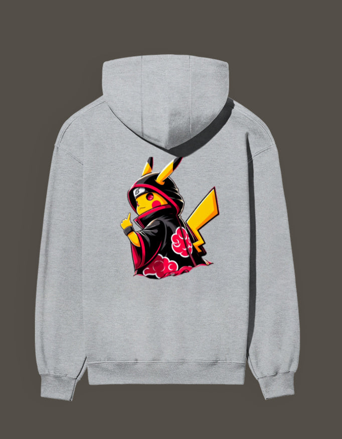 Akatsuki Pikachu hoodie in gray featuring a bold Pikachu design in an Akatsuki robe
