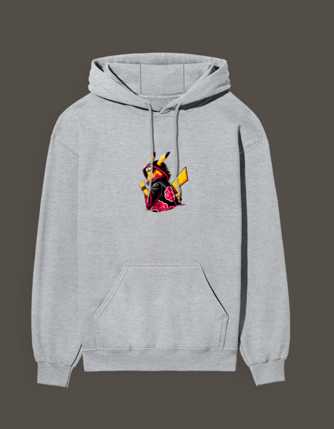 Gray Akatsuki Pikachu hoodie featuring a vibrant Pikachu design with an Akatsuki theme