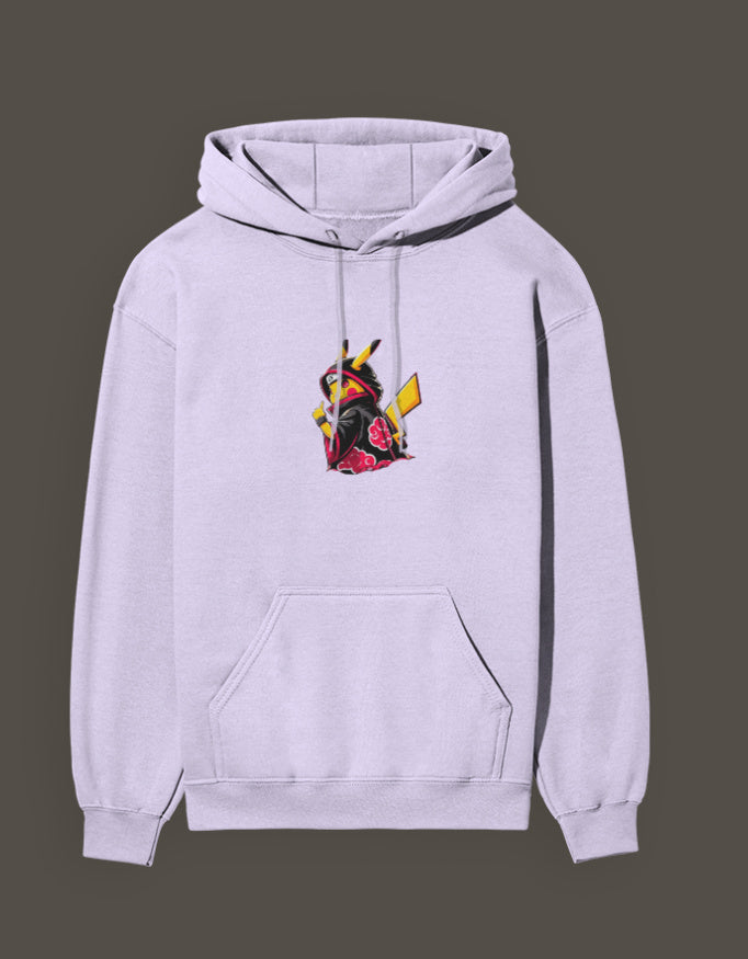 Akatsuki Pikachu hoodie in light gray with a unique graphic design featuring Pikachu in Akatsuki attire
