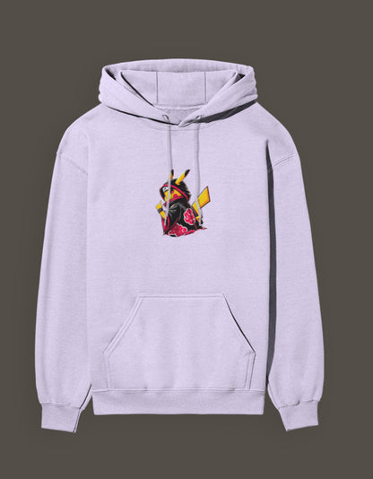 Akatsuki Pikachu hoodie in light gray with a unique graphic design featuring Pikachu in Akatsuki attire
