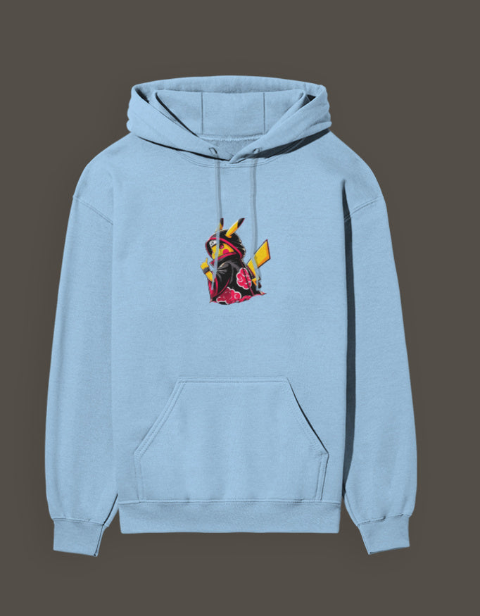 Light blue Akatsuki Pikachu hoodie featuring a detailed graphic design on the front